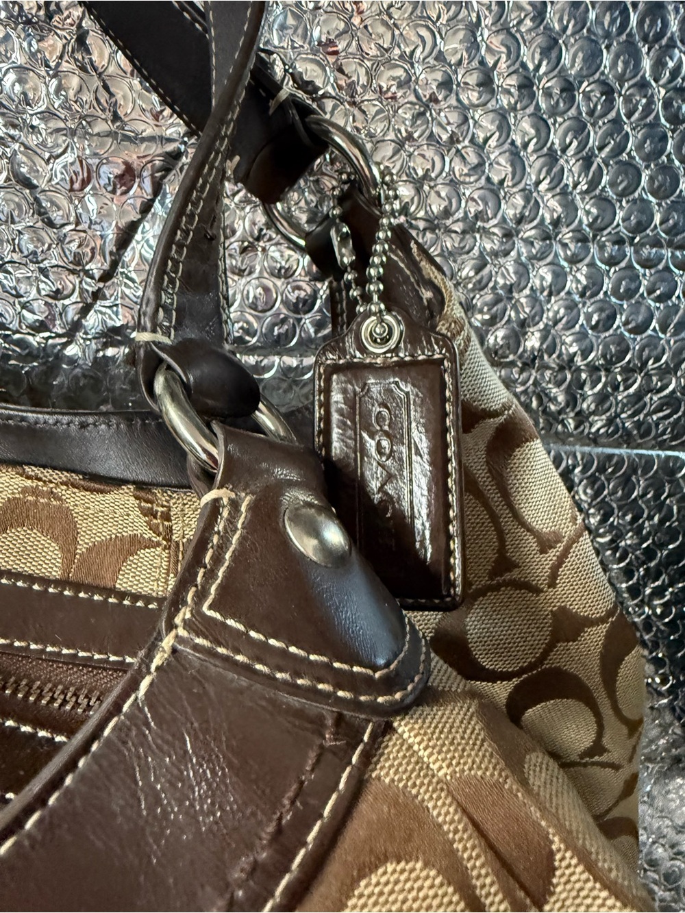 Vintage Coach Brown Signature Canvas Shoulder Bag with Dark Brown Leather Trim - Picture 2 of 7